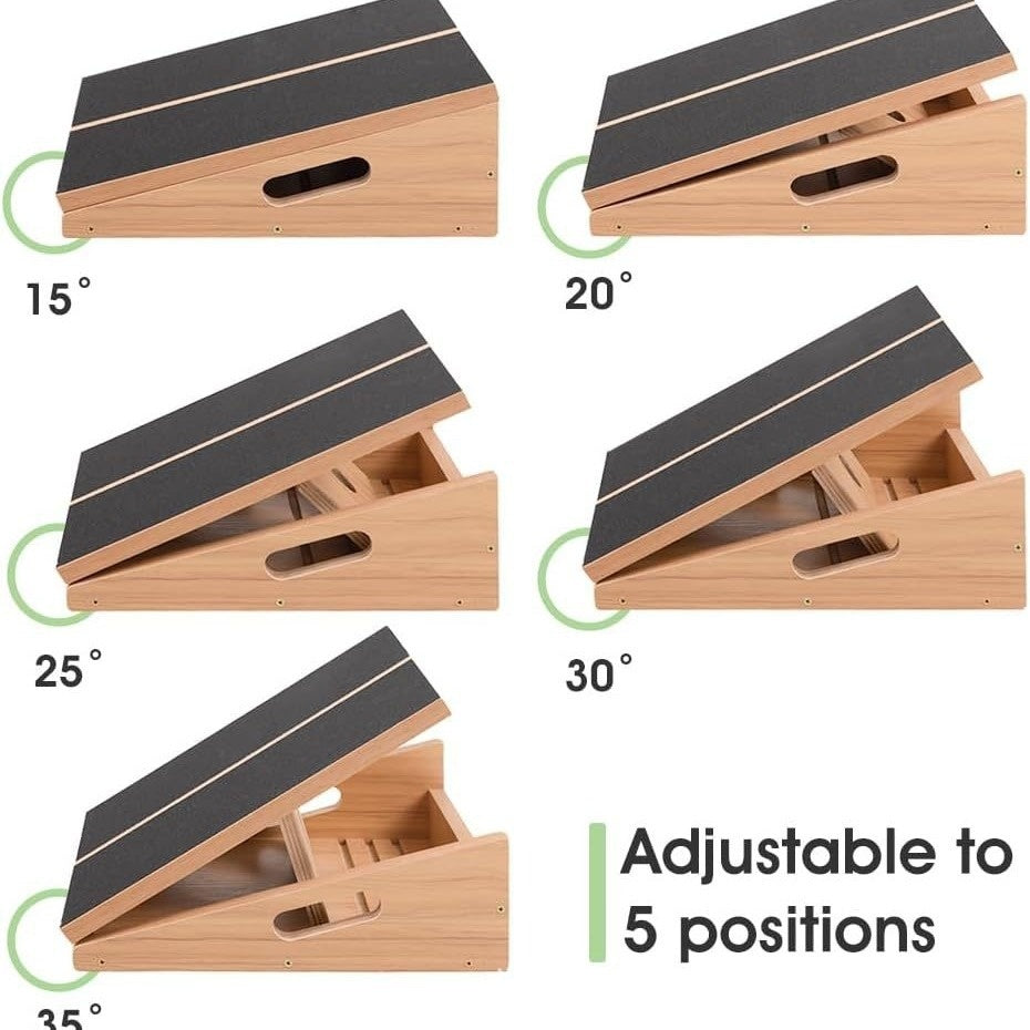 Capilorix Wooden Adjustable Angle Stretch Board for exercise and fitness, showcasing its sturdy wooden surface and adjustable tilt feature.