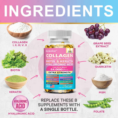 Capilorix Kenofor Collagen 1000mg with biotin, keratin, hyaluronic acid, and vitamin C dietary supplement bottle.