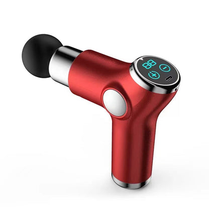 Capilorix portable mini electric fascia gun for household fitness, shown with activewear jumpsuits in a home gym setting.