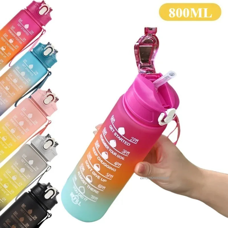 Capilorix gradient sports water bottle with straw and time marker, leakproof travel bottle for outdoor fitness, hiking, and gym use