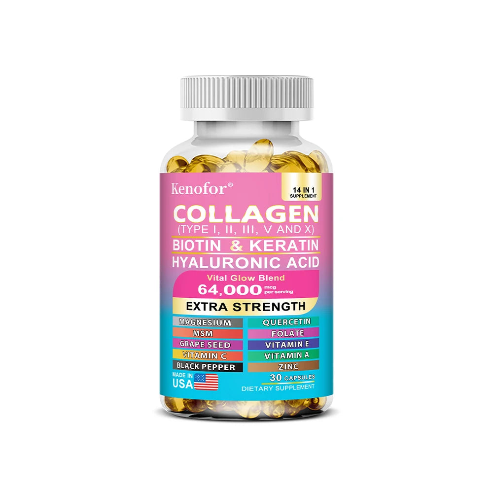 Capilorix Kenofor Collagen 1000mg with Biotin 10,000mcg, keratin, hyaluronic acid, vitamin C supplement bottle.