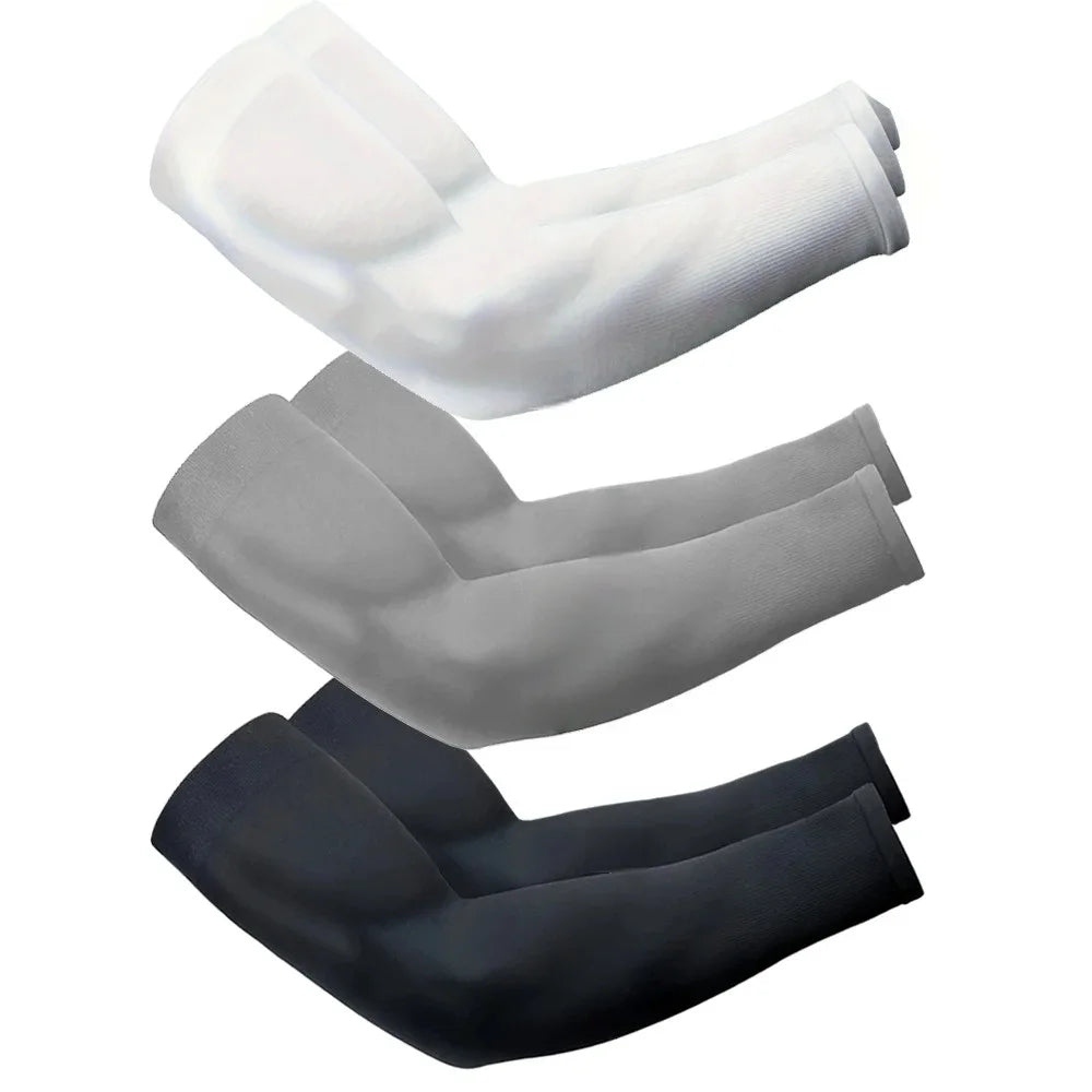 Three pairs of Capilorix UV arm sleeves for outdoor activities, featuring breathable fabric for sun protection during sports and hiking.