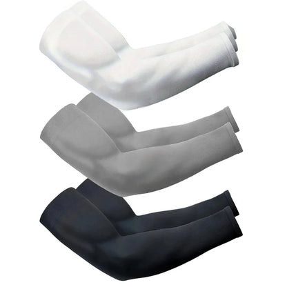 Three pairs of Capilorix UV arm sleeves for outdoor activities, featuring breathable fabric for sun protection during sports and hiking.