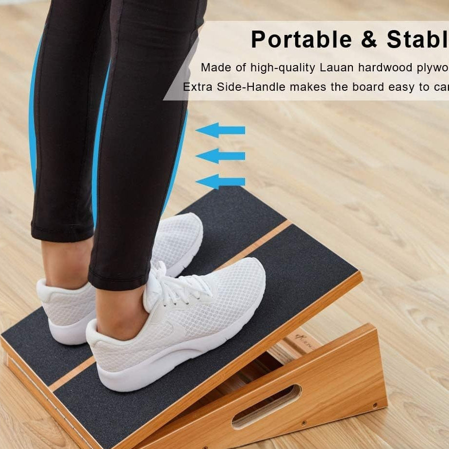 Capilorix wooden adjustable angle stretch board for exercise and fitness, showing the bamboo surface and adjustable support angles.