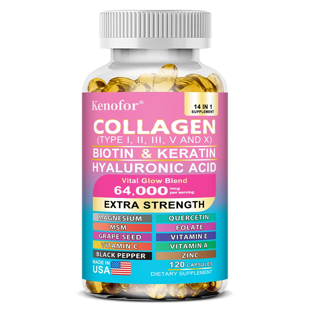 Capilorix Kenofor Collagen 1000mg with Biotin 10,000mcg, Keratin, Hyaluronic Acid, and Vitamin C dietary supplement bottle.