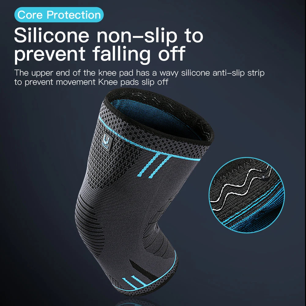 Capilorix compression knee support sleeve, elastic breathable sports knee brace with springs for basketball, volleyball, and running.
