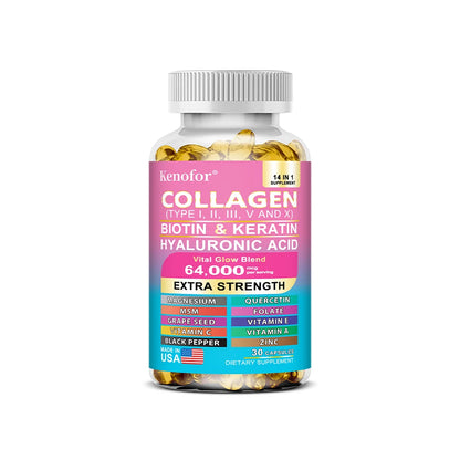 Capilorix Kenofor Collagen 1000mg supplement with biotin, keratin, hyaluronic acid, and vitamin C for healthy skin and hair.