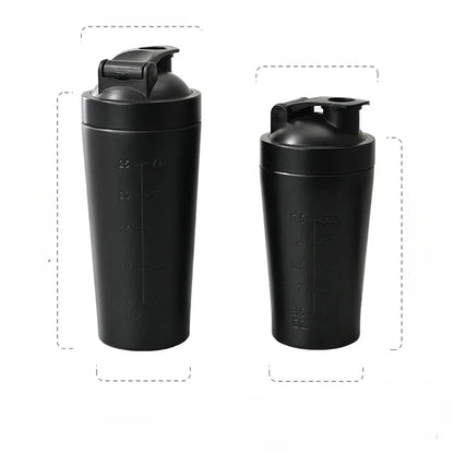 Capilorix stainless steel protein shaker bottle with steel ball, scale markings, leak-proof lid, ideal for gym fitness and whey shakes.