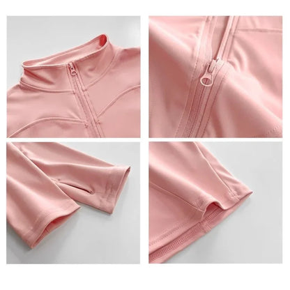 Capilorix women's quick-drying sports coat with long sleeves, zipper, and fitted top design for yoga and running activities.