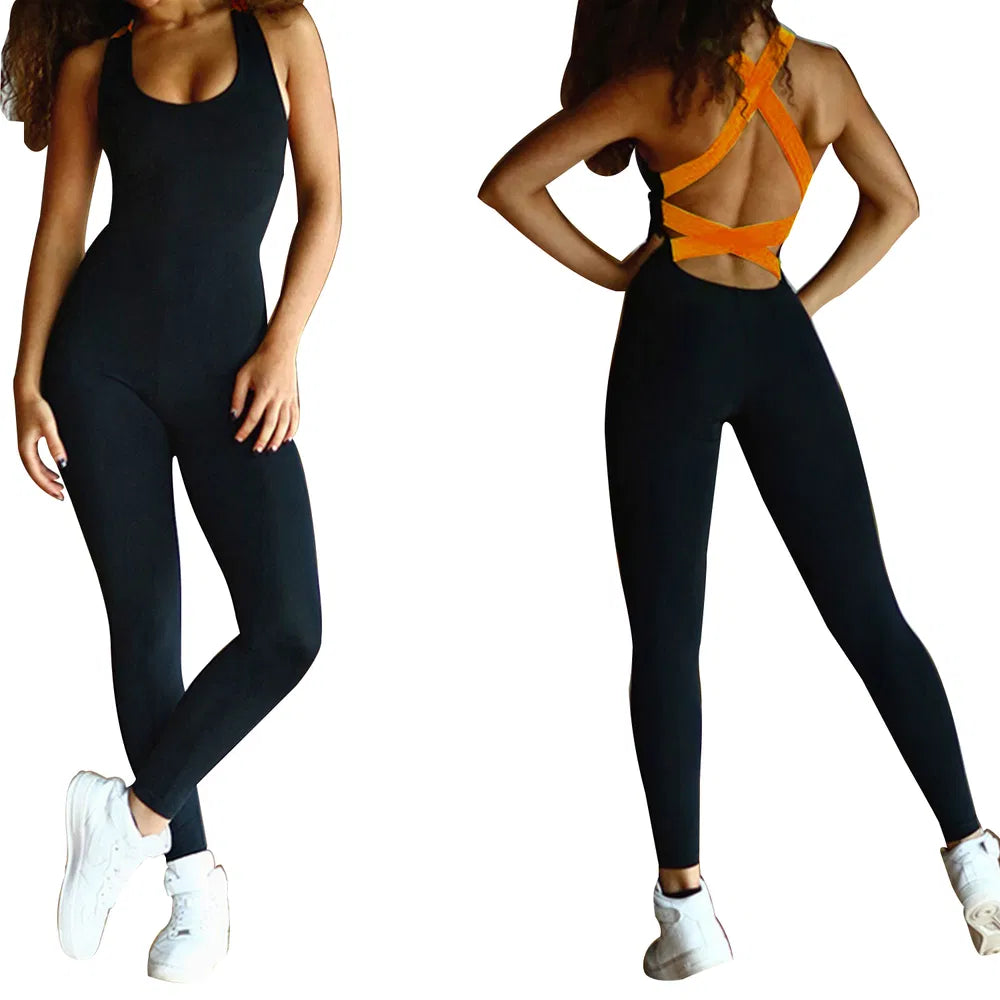 Women’s Capilorix activewear jumpsuit for yoga and gym workouts, made of stretchy, breathable fabric in navy blue with sleek design.