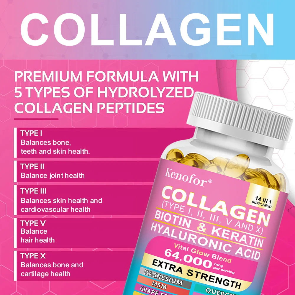 Capilorix Kenofor Collagen 1000mg with Biotin 10,000mcg, Keratin, Hyaluronic Acid, and Vitamin C dietary supplement bottle.