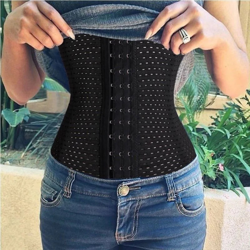 Capilorix women's waist trainer and tummy control shapewear with adjustable corset belt in black, designed for slimming and shaping.