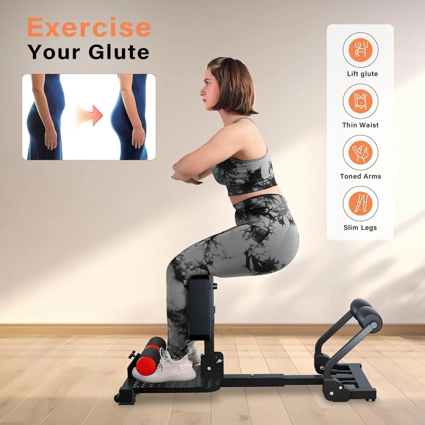 Capilorix gray sissy squat machine for home gym with ab workout function and resistance bands, made of iron material.