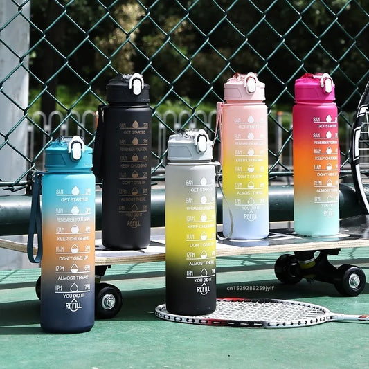 Capilorix gradient sports water bottle with straw, time marker, leakproof design, ideal for outdoor fitness, hiking, and gym use.