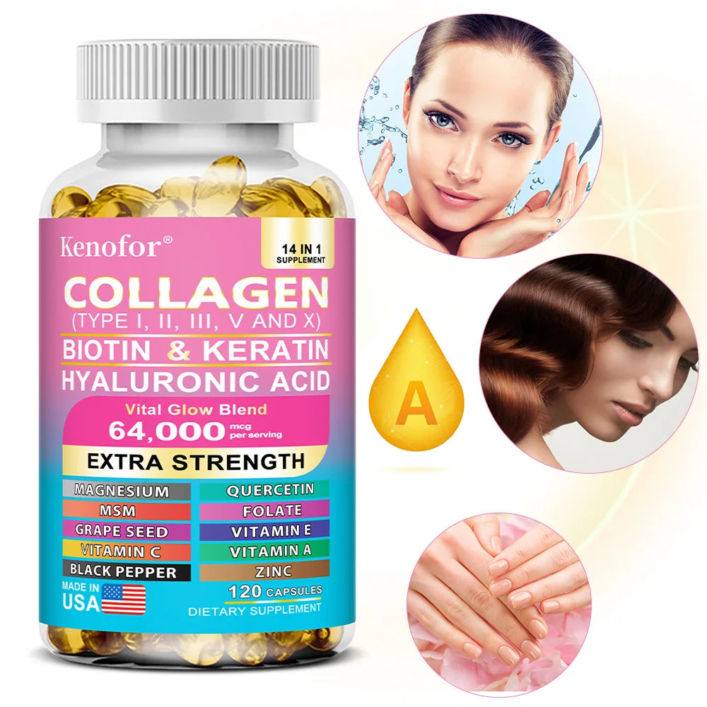 Capilorix Kenofor Collagen 1000mg with Biotin 10,000mcg, Keratin, Hyaluronic Acid, and Vitamin C dietary supplement bottle.