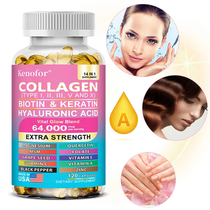 Capilorix Kenofor Collagen 1000mg with Biotin 10,000mcg, Keratin, Hyaluronic Acid, and Vitamin C dietary supplement bottle.