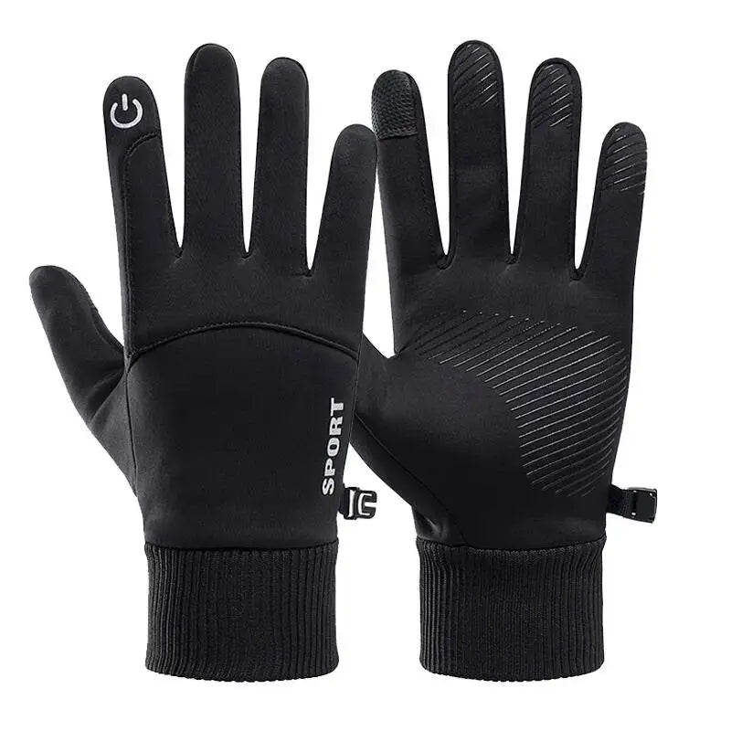 Capilorix black winter fleece gloves for cycling and outdoor sports, waterproof full-finger design with touchscreen compatibility.
