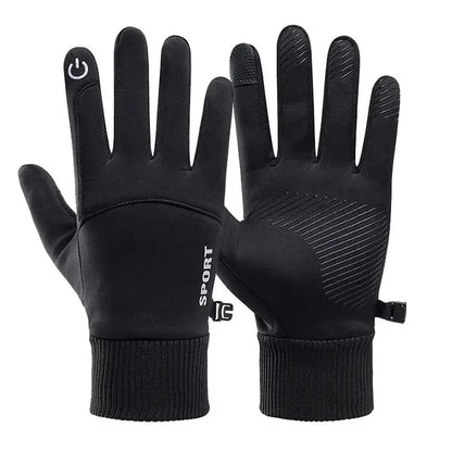Capilorix black winter fleece gloves for cycling and outdoor sports, waterproof full-finger design with touchscreen compatibility.