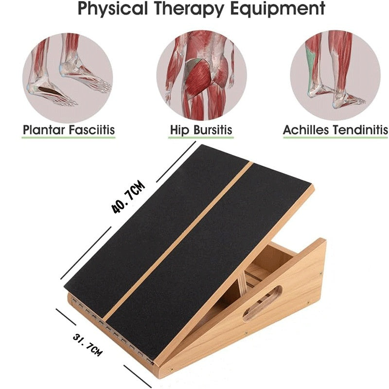 Capilorix wooden adjustable angle stretch board for fitness exercises, showing a close-up of the wooden surface and adjustable features.