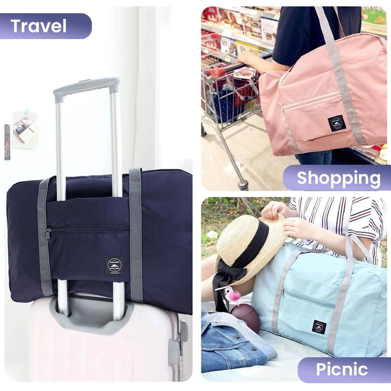 Capilorix foldable travel duffel bag for women, lightweight with large capacity, ideal for airline carry-on and weekend trips.