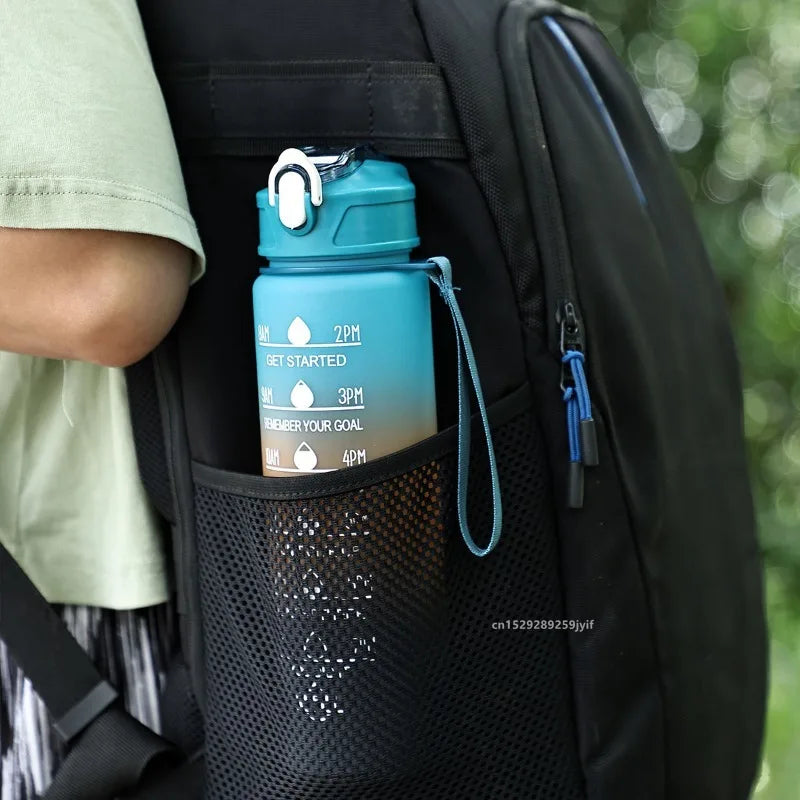 Capilorix gradient sports water bottle with straw and time marker, leakproof design for outdoor fitness, hiking, and gym use.