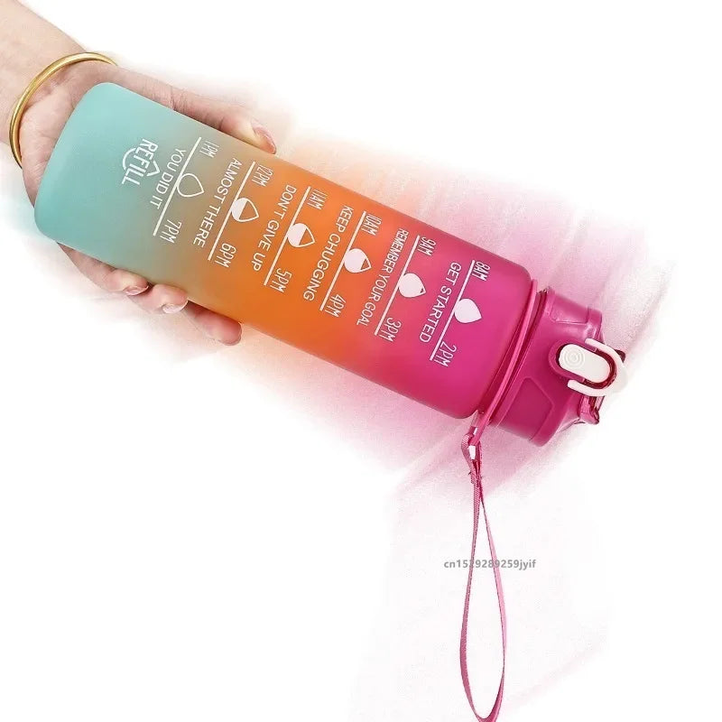 Capilorix gradient sports water bottle with straw and time marker, leakproof design for outdoor fitness, hiking, and gym use