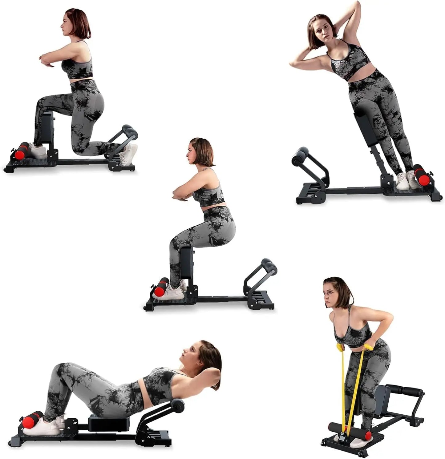 Capilorix gray sissy squat machine with iron frame, ab workout function, and resistance bands for home gym exercise.