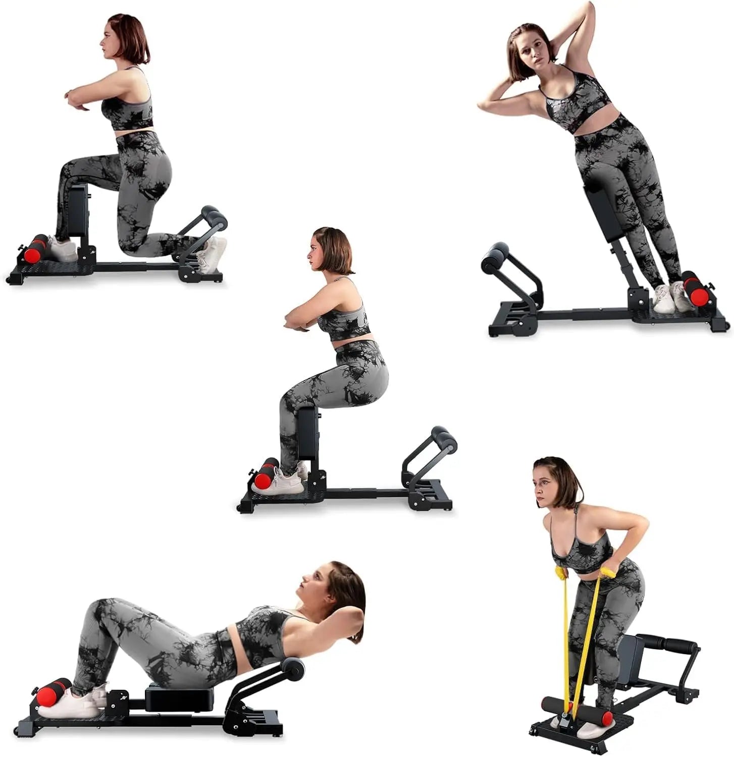 Capilorix gray sissy squat machine with iron frame, ab workout function, and resistance bands for home gym exercise.