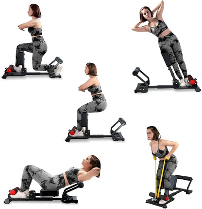 Capilorix gray sissy squat machine with iron frame, ab workout function, and resistance bands for home gym exercise.