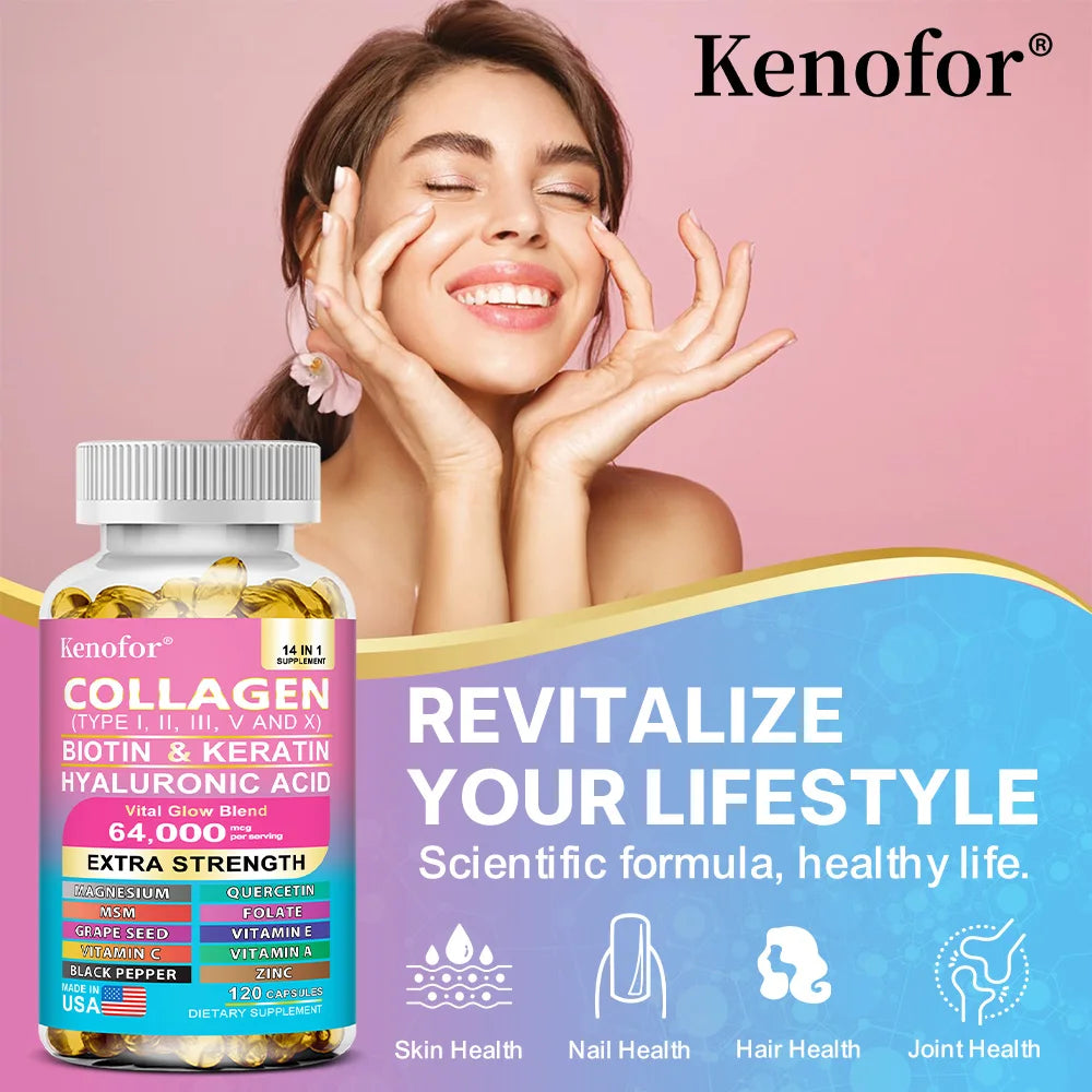 Capilorix Kenofor Collagen 1000mg with biotin, keratin, hyaluronic acid, and vitamin C dietary supplement.