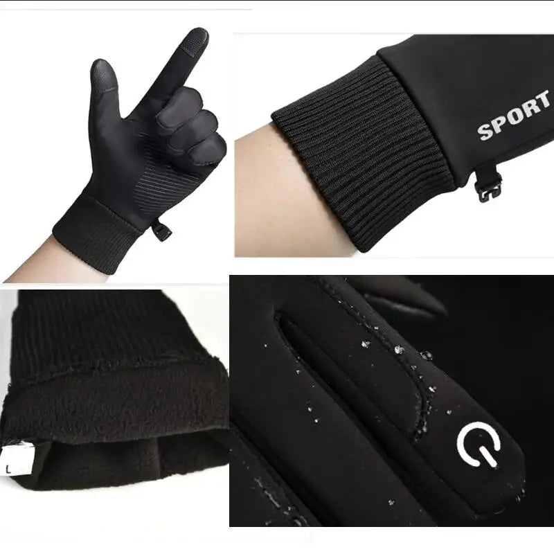Capilorix black winter waterproof fleece gloves with full fingers, touchscreen compatible for cycling, running, and outdoor sports.