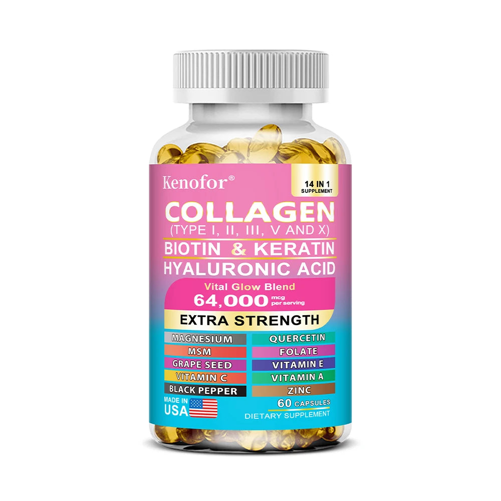 Capilorix Kenofor Collagen 1000mg with Biotin, Keratin, Hyaluronic Acid, and Vitamin C dietary supplement bottle.