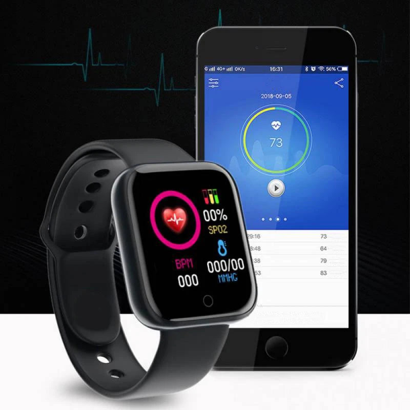 Capilorix Y68 sports smartwatch with heart rate monitor, fitness tracking, music player, and adjustable bracelet for men, women, and kids.