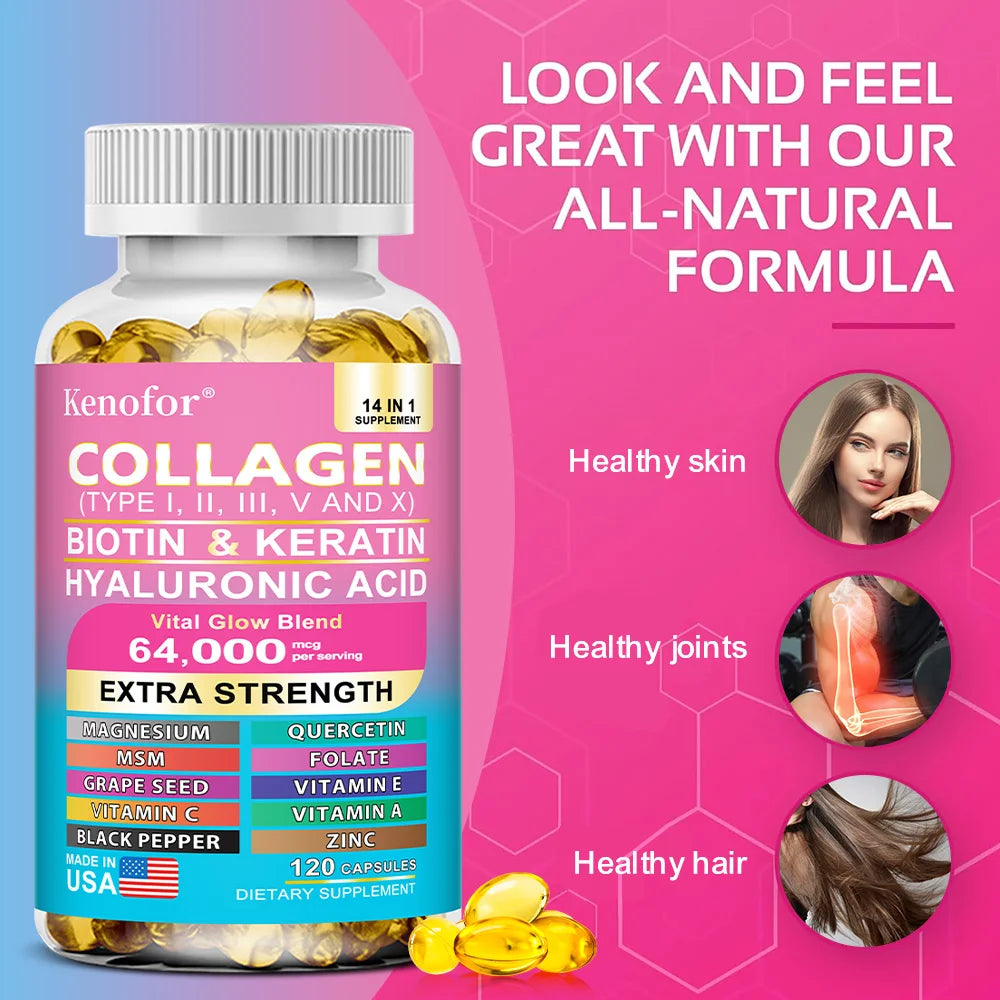 Capilorix Kenofor Collagen 1000mg supplement with biotin, keratin, hyaluronic acid, and vitamin C for healthy skin and hair.