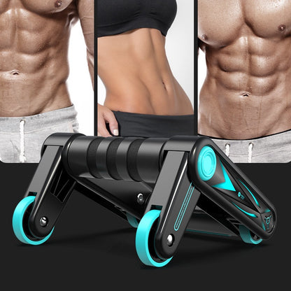 Capilorix abdominal muscle wheel used for home fitness, shown with men's activewear jumpsuit, exercise equipment for core workout.