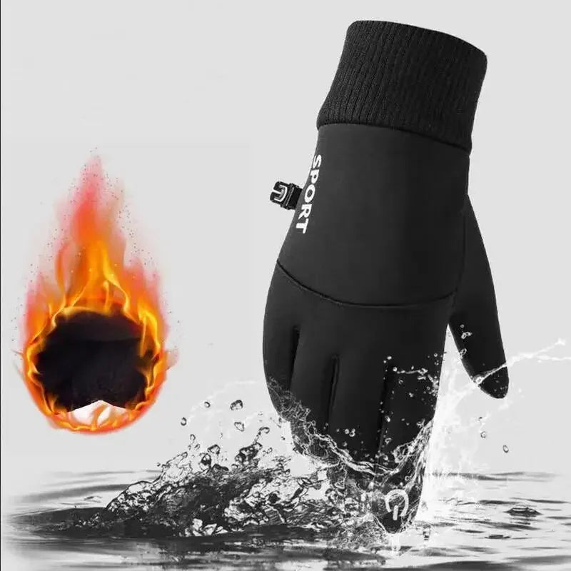 Capilorix black waterproof fleece cycling gloves with full fingers, touchscreen compatible, ideal for winter outdoor sports and snow conditions.