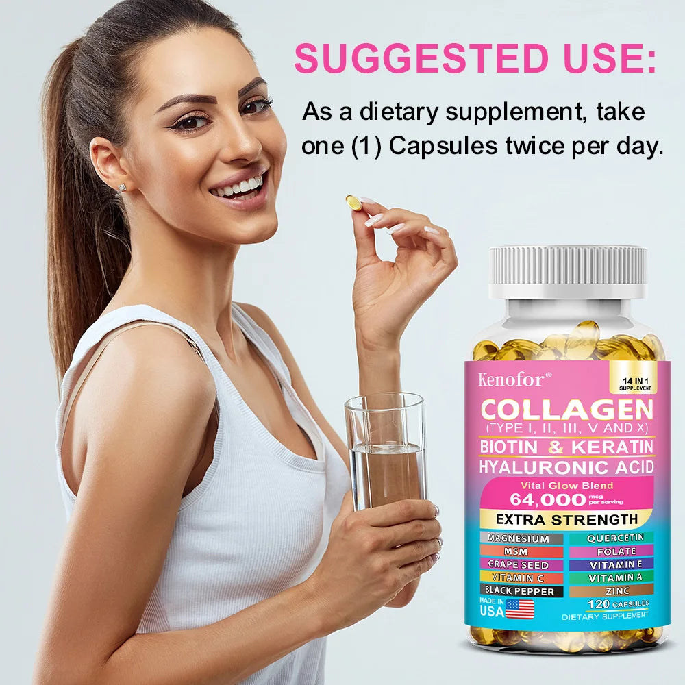 Capilorix Kenofor Collagen 1000mg with biotin, keratin, hyaluronic acid, and vitamin C dietary supplement, gluten-free, in a bottle.