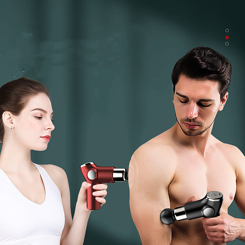 Capilorix portable mini electric fascia gun used for muscle recovery, shown in a household fitness setting.
